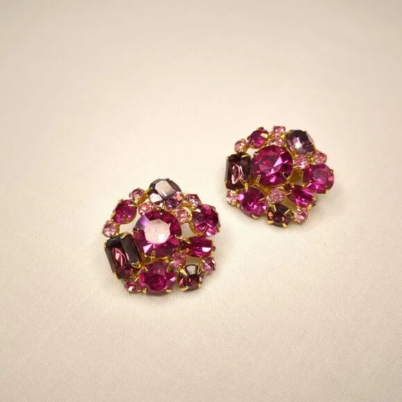 Weisss Pink Rhinestone Earrings Clip Ons - Picture 2 of 5